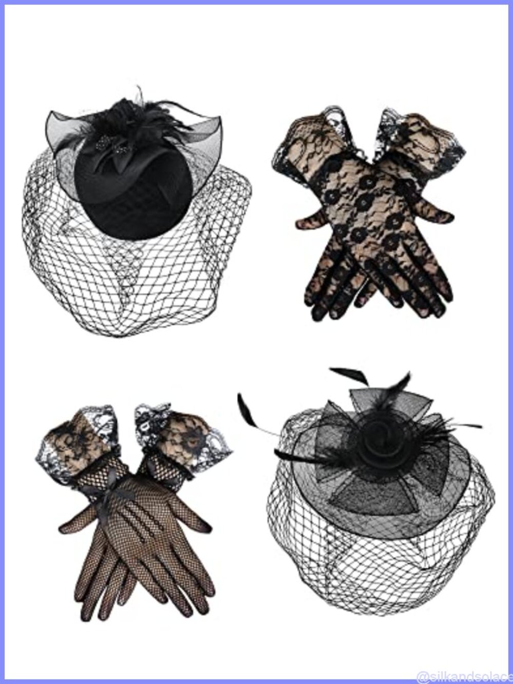 Tea Party Hat Fascinator Veil Headband Lace Glove Set 20s 50s Costume Accessory